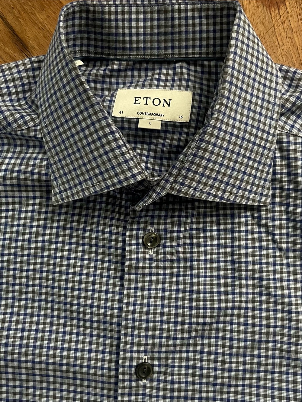 Eton Contemporary Ctn Dress Shirt Men 41/16 Sz L Blue Blue Tan white Check MINT